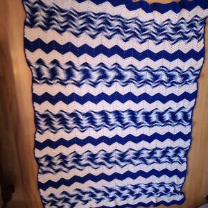Handmade Crochet Afghan in Chevron or Ripple Pattern Royal Blue White & Blue Mix
